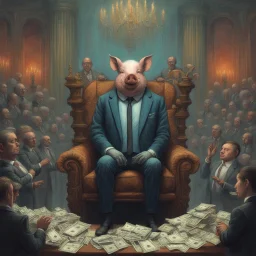 rich pig in suit on a throne making stacks of money by making a deal with a buisnessman. background of musicians. beksinski style