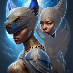 sango fantasy, fantasy magic, intricate, sharp focus, illustration, highly detailed, digital painting, concept art, matte, artgerm and paul lewin and kehinde wiley, masterpiece Asian black panther Mayan pyramid blue space lady space blood moon galaxy