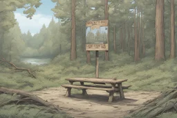 lookout, picnic table, forest, overgrown, post-apocalyptic, comic book, camp site signs