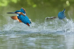 A beautiful kingfisher diving into the water. Highly detailed, smooth colours, realistic landscape