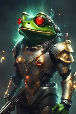 Frog Green Soldier Portrait Glow big red eye Gold Armor warrior Robotic lightning Gun Silver Smoke Dust 16k details epic rare future water nice weapon dark