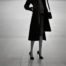 A tall slender young woman with short hair and a black trench coat longingly waiting for a lover at an airport