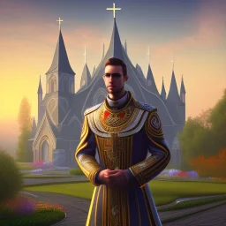 A handsome npc standing in front of a church, futuristic design, a paradise in background, close up face