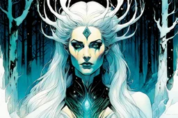 create a wildly conceptual portrait illustration of sorceress with highly detailed feminine facial features, in an ethereal, otherworldly , darkened, ancient winter forest , in the comic book art style of Bill Sienkiewicz, Mike Mignola, Sparth, and Jean Giraud Moebius, finely drawn, colored and inked, suffused with dramatic natural light and shadow under a midnight blue moon