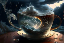 Storm in a glass tea cup, photorealistic, Dramatic Lighting. Lightning shooting both inside and out of the cup. Otherworldly atmosphere, intricate details, highly detailed, Artgerm elegant extremely detailed fantasy 8k masterpiece fantastic view crisp quality Jacek Yerka Alexander Jansson Kevin Sloan,