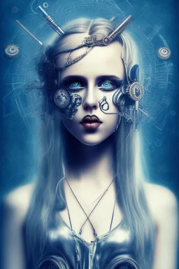 Danish singer MØ face,Abstract steampunk, blue tones,