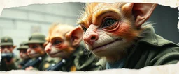 airbrush and pen outline, french art , extreme close up on cheeky fluffy weasel hairy goblin military prison guard troupe news anchor elf family scumbag , pinhole cam, airbrush 3d rendering, in the style of Titian and Rembrandt , torn edges on border