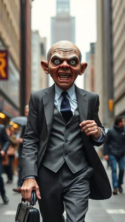 A mean man with suite carrying a business bag walking in the new York street , his head is an old scary doll ,