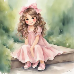 watercolor, full body, cute smile girl, curly hair, big eyes, long brown hair, pink dress, pink shoes