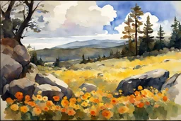 Sunny day, clouds, flowers, rocks, trees, distant mountains, spring, sci-fi, fantasy, winslow homer watercolor paintings