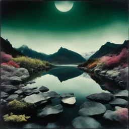 Sublime foto close-up polaroid ad alta definizione di una montagna rocciosa, un lago, surreale, colors, cityscape scifi, collage art, dadaism, sublime, splimapys nero, cielo nero, acqua nera riflette un sole nero, macabre piante circondano il lago, alghe, hypermaximalist, Max Ernst style, strangeness, intricate, hypnotic, obsessive, Yves Tanguy, 8k, deep 3d field, very accentuated details of the rocks and sht frn, eerie, artistic photo, shot on Hasselblad, large format film, medium format film