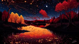 River, trees with golden and red leaves, autumn, a beautiful night sky, visible galaxies, river of blood, comic style