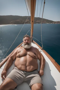 close aerial photography of a burly chubby muscular turkish fisherman happy sunbathing lying down on the large bow of a yachtin open sea, manly armpits, manly chest, hairy chest, ugly, 52 years old, curly beard, bullneck, short bulging ripped pants, muscular, emotive eyes, photorealistic, 35mm lens, Canon EOS, 8k , view from the ground