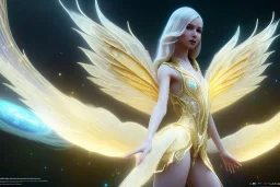  beautiful cosmic fairy, long hair, golden skin, nice smiling, transparent wings, magic glamour make up, delicate colors, beautiful glamour galactique dress, ultra sharp focus, 8k, unreal engine 5, extremely sharp detail, light effect, soft light atmosphere of a spaceship, smooth, full of details, face in front, complete vision of face and hair and body