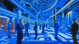 An oil painting by Kuniyoshi and Matisse of tech-people walking inside a futuristic matrix world.