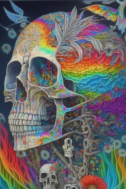 A crackled old painting entitled "Shaking the ghost out of the machine"; a skeleton with ghostly double rainbow made of mixed media such as feathers, foliage, flowers, and gemstones emerging from a giant crack at the top of the skull; surreal, quilling, optical art, award-winning, masterpiece, Intricate, provocative, psychedelic, Magnificent.