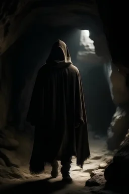 a man in the Middle Ages in a long cloak and hood walks through a dark cave with his back to us