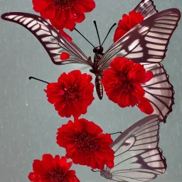 Прозрачная Бабочка из воды в тумане и букет венок красные стеклянные цветы в жемчужном сиянии капли дождя