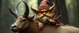 a gold ginger fluffy gnome quickling kobold gremlin that looks like the opposite of a vampire in bunad leaning on an elk, holding his horns