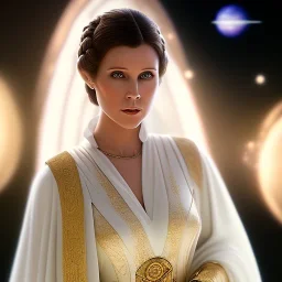 model shoot style, digital art zoomed out portrait of (Princess Leia) ((dressed in white and off white gown)), surrounded by planets, ultra-detailed, ultra quality, ((official character art)), (dark fantasy), illustration, eerie atmosphere, 8k, cinematic lighting, bokeh