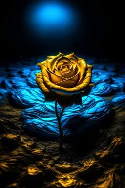 A neon blue and gold rose in the middle of a large barren wilderness in modern art style