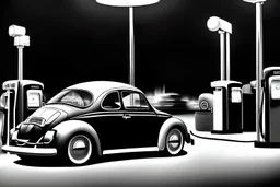 Digital Photo, 1950s, perfect perspective, night scene, a black Volkswagen beetle in front of a gas station pump, hyper realistic, hyper detailed, intricated, Frank Lloyd Wright