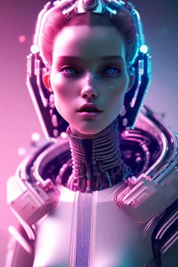 cyberpunk, head, robot, portrai, alone, high key lighting, volumetric light high details with white stripes and blue eye, smiling with plump pink lips, unreal engine petit prince belle fine, profil de trois quart, cristalline