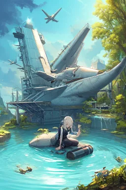 spaceship in a woodland clearing, next to a lake, with a woman kneeling under it, repairing it, blue sky