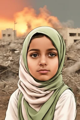 close young palestinian girl with a kuffeah. Large clouds of smoke rise from the land of gaza . With demolished buildings in the background. with sunset colors Made in the palestinian style