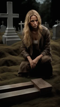 photorealistic hyperdetailed young woman with dirty blonde hair kneeling by a grave with a wooden cross