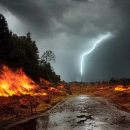 doom scenary. Heavy rain. Epic Lighting in the sky. Knight with magic scroll. Falling meteorite from the sky. Meteorite burning in the distance. Dark mud.