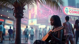 surreal and dreamlike, In a bustling corner, a young Black woman with braided hair is seated beside a tired palm tree, playing a stringed instrument. The scene is illuminated by soft light, with the sounds of whispers and chatter swirling above., saturated, pastel, dreamy atmosphere, liquid psychedelic