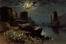 Night, clouds, flowers, rocks, mountains, trees, sci-fi, rodolphe wytsman and alfred stevens impressionism paintings