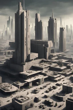 Massive city scale Totalitarian Utopia, with clean Brutalist Militarist architecture.