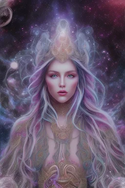 Create an image of a cosmic Goddess. The goddess should be depicted as a beautiful and powerful figure, surrounded by cosmic stars. Her hair should be long, blond and flowing, and she should be dressed in a flowing gown blue celestial robe. In the background, include imagery of pink flowers, blue sky,trees. The image should evoke a sense of joy, celebration, and spiritual connection to nature.