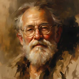 oil painting, by Richard Schmid, ((best quality)), ((masterpiece)), ((realistic, digital art)), (hyper detaile), Upper body Portrait painting of an old bearded man with glasses on, in Richard Schmid style