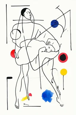 Reprezentare grafica moderna figurativa cu simboluri ,minimal art similar cu desenele lui Picasso , a unui desen facut de un autist , reprezentand statuia Pieta , în stilul combinat acuarelei umede a lui Joan Miro si cu filigran lineart minimal a lui Jean Cocteau cu Paleta de culori impresionista cu culori putine si tari. Fond alb si linii color subtiri si paralele, cu umbre de lumina cu hasuri incrucisate