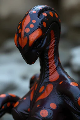 A dark brown female symbiote with orange splotches