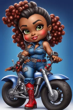 airbrush illustration of the chibi cartoon character, a voluptuous black female in a blue jean outfit with biker boots. Her prominent makeup and hazel eyes, along with her detailed red bantu knots, are featured in this image, set against the background of a lively bike show.