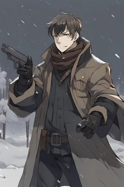 Man dressed in cold clothing, holding a Glock and pointing it forward, is alone in a cold place, in that place it is snowing, He wears a long black scarf and has short brown hair, anime style