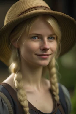 a young blond hair female farmer. She's very beautiful. She comes from a medieval romantic romance. I want a portrait