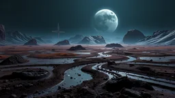 landscape covered in mud that looks futuristic with futuristic lighting, realistic rendering