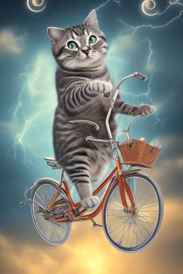 A pedaling cat riding a bicycle is flying at night in the sky over tall buildings.