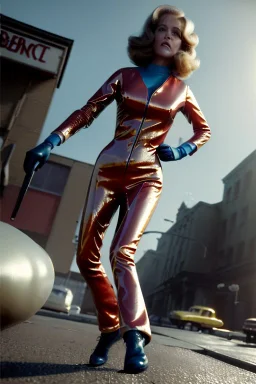 retro sci-fi press image from 1960, supermarket explosions, people running, sweet young Jane Fonda, tight latex suit, weapon, fighting stance, soft color, highly detailed, unreal engine 5, ray tracing, RTX, lumen lighting, ultra detail, volumetric lighting, 3d, finely drawn, high definition, high resolution.