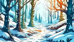 fantasy cartoon style illustration: forest path in winter with snow