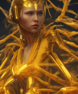 black widow, golden suit, shooting spider web from wrist, full body close up, soft light atmosphere, light effect,vaporwave colorful, concept art, smooth, extremely sharp detail, finely tuned detail, ultra high definition, 8 k, unreal engine 5, ultra sharp focus