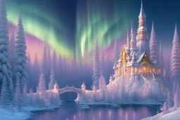  white pink and gold crystal castle，waterfall, winter snow flakessnow, northern Lights, full of details, smooth, bright sunshine，soft light pink atmosphere,pink sky, light effect，vaporwave colorful, concept art, smooth, extremely sharp detail, finely tuned detail, ultra high definition, 8 k, unreal engine 5, ultra sharp focus