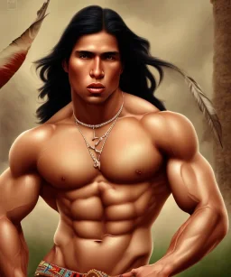 native american warrior, long black hair, big muscles, looking up, mouth wide open , shirtless