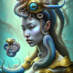 Sango fantasy, fantasy magic, intricate, sharp focus, illustration, highly detailed, digital painting, concept art, matte, art germ and Paul Lewin and Kehinde Wiley, masterpiece Japanese head bronze octopus' Asian African girl nice breast Thai hair turquoise silver blue under water