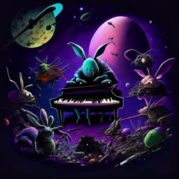 dark colours bugs bunny being a composer piano violin and is surrounded by swarm pig pig swinewasp swine pigpen pigsty on an diffrent planet cosmos lovecraft